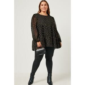 HAYDEN Goldie Black Babydoll Metallic Dot Tiered Tunic Top Plus 1XL